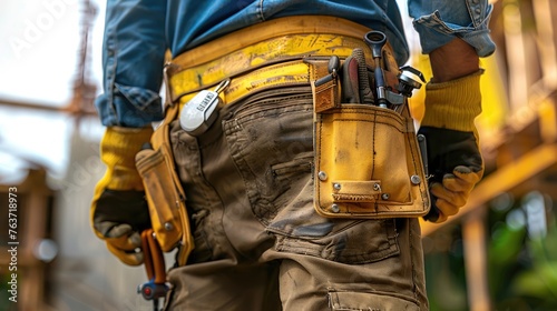 Close up of worker wearing tool belt at construction site.