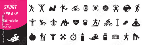 Gym and fitness icon set. Healthy lifestyle. Solid icons