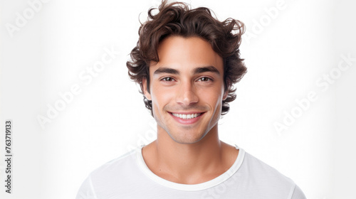 Close-up portrait of a smiling joyful young model handsome man with clean white teeth isolated on white background created with Generative AI Technology 