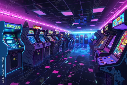 A retro-cool wallpaper design depicting an 80s-inspired arcade, with rows of brightly lit video game cabinets, flashing lights, and excited gamers competing for high scores, Generative AI
