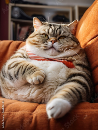 Happy tabby fat cat with brown and white striped fur lying on the sofa created with Generative AI Technology