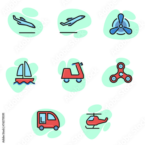 Different modes of transportation line icon set. Car, boat, airplane, golf cart, mini van, helicopter. Can be used for topics like service, transportation, travel.