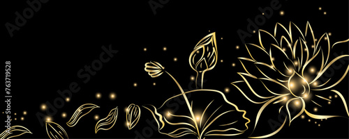 Golden botany lotus flower. Japanese luxury gold banner . Gold lotus line Japanese style Hand drawn vector . Line art style design. Concept traditional Asian holiday card.