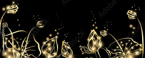 Golden botany lotus flower. Japanese luxury gold banner . Gold lotus line Japanese style Hand drawn vector . Line art style design. Concept traditional Asian holiday card.