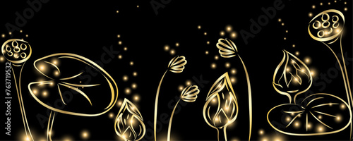 Golden botany lotus flower. Japanese luxury gold banner . Gold lotus line Japanese style Hand drawn vector . Line art style design. Concept traditional Asian holiday card.