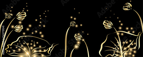 Golden botany lotus flower. Japanese luxury gold banner . Gold lotus line Japanese style Hand drawn vector . Line art style design. Concept traditional Asian holiday card.
