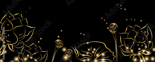 Golden botany. Japanese luxury gold banner . Gold lotus line Japanese style Hand drawn vector . Line art style design. Concept traditional Asian holiday card.