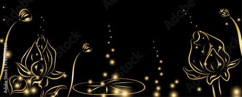 Golden botany. Japanese luxury gold banner . Gold lotus line Japanese style Hand drawn vector . Line art style design. Concept traditional Asian holiday card.