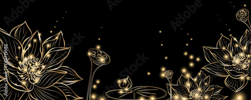 Golden botany. Japanese luxury gold banner . Gold lotus line Japanese style Hand drawn vector . Line art style design. Concept traditional Asian holiday card.