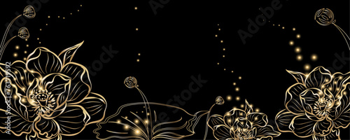 Golden botany. Japanese luxury gold banner . Gold lotus line Japanese style Hand drawn vector . Line art style design. Concept traditional Asian holiday card.