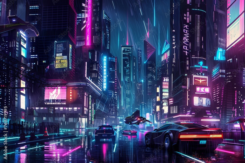 A retro-futuristic wallpaper design featuring an 80s-inspired cyberpunk cityscape, with towering skyscrapers, flying cars, and neon signs casting a colorful glow, Generative AI