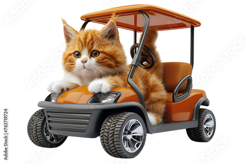A playful 3D cartoon scene of a mischievous cat frolicking in a golf cart.