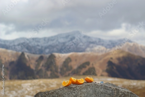 orange fruit pieces in the rock at the himalayan meadow © deepak