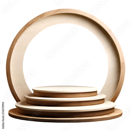 Wooden product display podium round table stand for cosmetic product goods modern presentation, blank space, isolated on white transparent background PNG