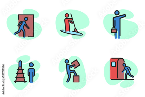 People in various situations line icon set. Man entering subway, carrying box, hailing taxi, rowing boat. Can be used for topics like transportastion, lifestyle, service