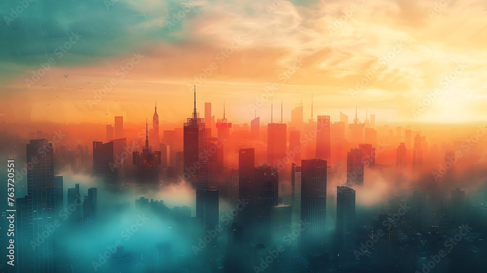 Smog city from PM 2.5 dust, Cityscape of buildings with bad weather and air pollution,Toxic haze in the city, Unhealthy air pollution dust, environment. Generative AI illustration
