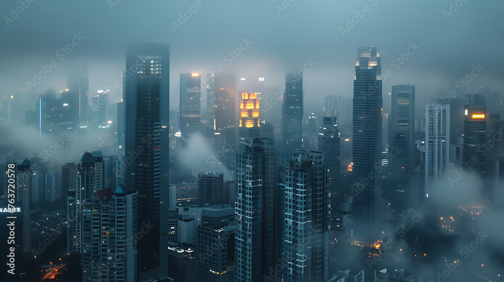 Smog city from PM 2.5 dust, Cityscape of buildings with bad weather and air pollution,Toxic haze in the city, Unhealthy air pollution dust, environment. Generative AI illustration