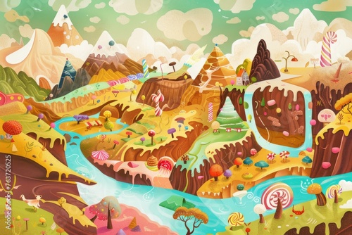 A whimsical wallpaper illustration featuring an 80s cartoon-style candy land, with candy-coated landscapes, chocolate rivers, and gumdrop mountains, evoking the sweet, Generative Ai