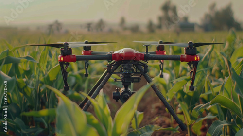 Autonomous drone in agricultural field, representing smart farming innovation.