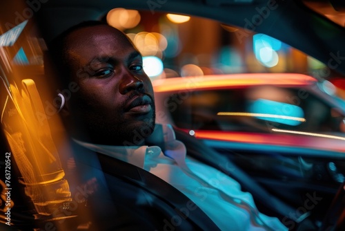 Business Call in Luxury Car - Young professional engrossed in a business call while seated in the plush backseat of a luxury car, showcasing focus, determination, and city lights s © Postproduction