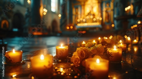 Candlelit cathedral interior evoking reverence and spiritual devotion.