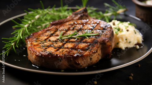 close-up of grilled pork chop steak served with green herbs on wooden table