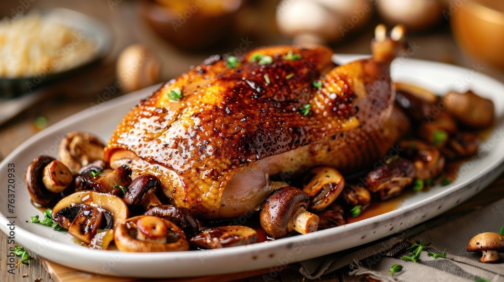 A succulent roast duck, perfectly browned, served with sautéed mushrooms and fresh herbs, ready for a fine dining experience. A succulent roast duck, perfectly browned, served with sautéed mushrooms and fresh herbs, ready for a fine dining experience.