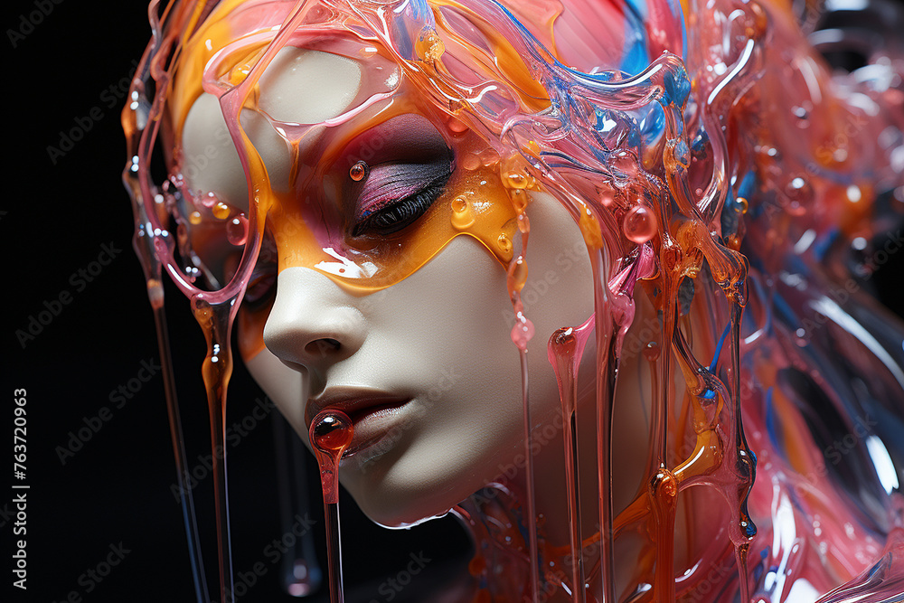 Beauty, fashion, make-up, fine art concept. Beautiful woman portrait with colorful melted glass or plastic decorative accessories on head and face. Surreal looking style