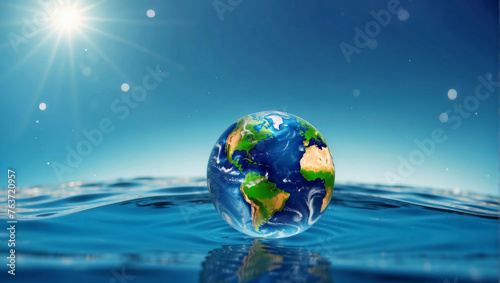 earth in water with bright blue bokeh background, World Water Day banner concept