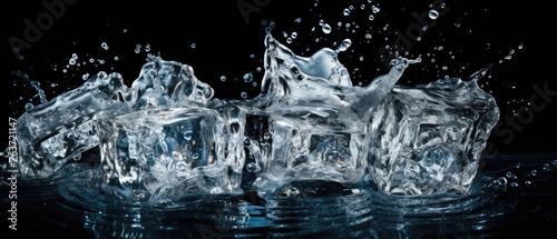 Ice cubes and water drops splash on transparent blue background photo