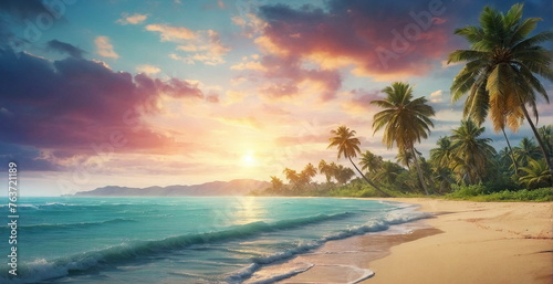Beautiful sunrise landscape  seascape  coastal  ocean beach  clouds  calm water. Banner. Copy space