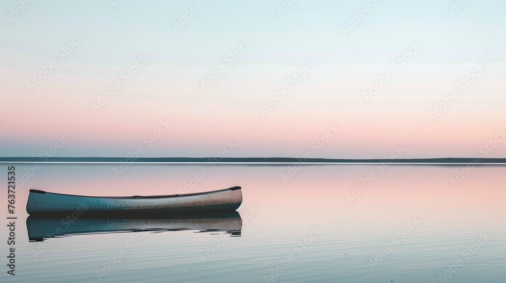 Dawn's Gentle Embrace. A solitary canoe basks in the soft dawn light, floating on the mirror-like lake under a sky painted in pastel hues. Dawn's Gentle Embrace. A solitary canoe basks in the soft dawn light, floating on the mirror-like lake under a sky painted in pastel hues.