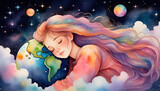 An artistic representation of a teenage girl sleeping in space, surrounded by galaxies and stars 