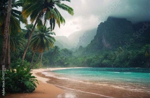  Rain with thunderstorm in paradise tropical beach.