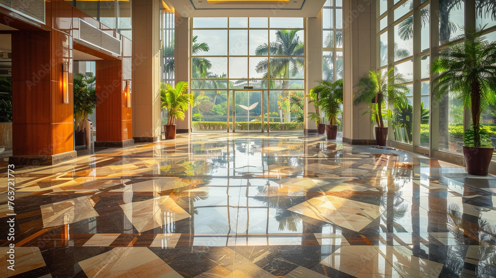 Modern luxury hotel lobby with shiny reflective marble floor, palm trees and big windows show casing the clam and relaxation for tourist - obrazy, fototapety, plakaty 