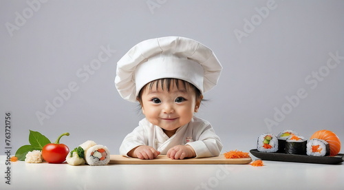 Cute asian baby dressed as a chef , cook and advertises sushi food on white  background isolated . banner with copy space for text and adventising products.  photo