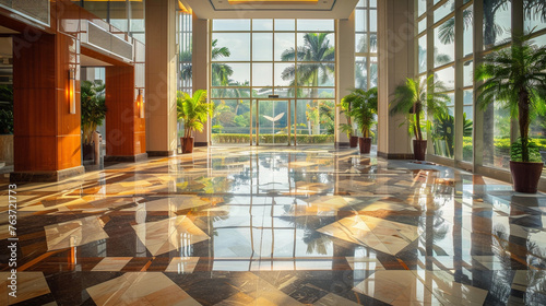 Modern luxury hotel lobby with shiny reflective marble floor, palm trees and big windows show casing the clam and relaxation for tourist