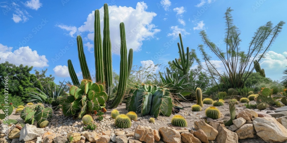 Fototapeta premium Panoramic view of a desert with saguaro cacti against a backdrop of mountain range and colorful sky at dusk