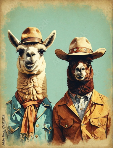 Two llama alpaca Cowboys vintage illustration art poster. Llama cheriff wearing in cowboy costume. portrait. Funny animals