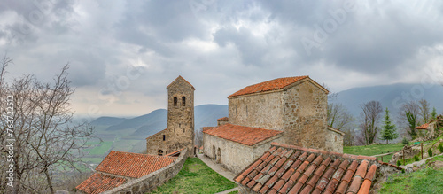 Wide panoramic view of Nekresi monastery and Alazani valley n Kakheti, Georgia