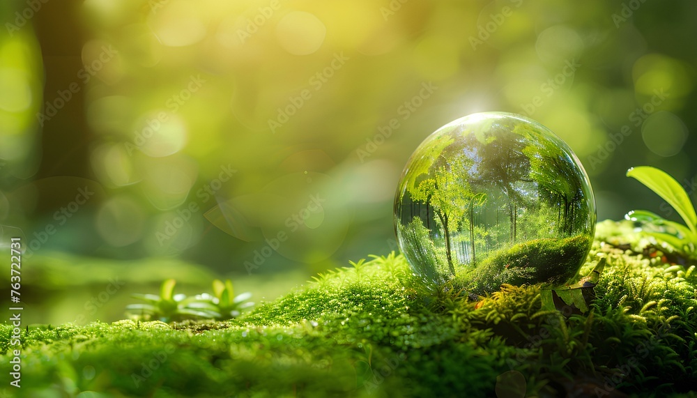 Globe On Moss In Forest, some the little fresh trees, green world and earth day concept,half horizontal copyspace area