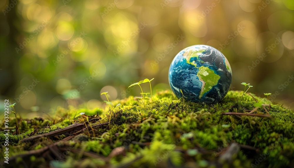 Globe On Moss In Forest, some the little fresh trees, green world and earth day concept,half horizontal copyspace area Globe On Moss In Forest, some the little fresh trees, green world and earth day concept,half horizontal copyspace area