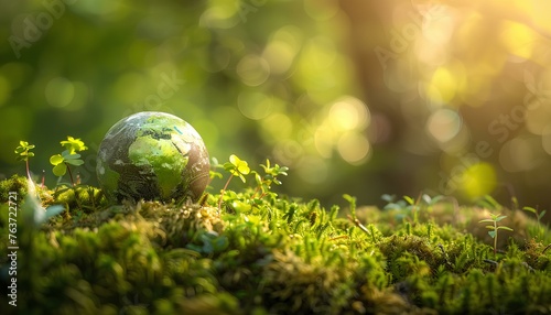 Globe On Moss In Forest, some the little fresh trees, green world and earth day concept,half horizontal copyspace area