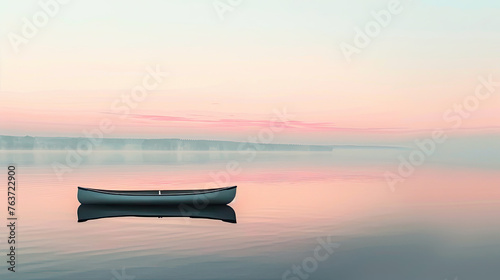 Dawn's Gentle Voyage. A solitary canoe floats on a lake, the dawn sky painting the tranquil waters with soft pink and blue.