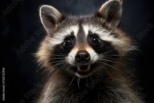 Portrait of a cute funny raccoon, close-up, isolated on a black background