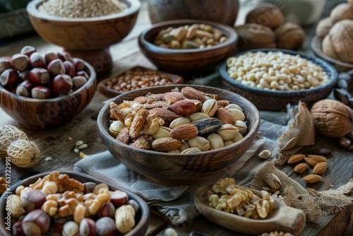 An assortment of nutritious nuts and seeds is displayed in rustic bowls on a weathered wooden shelf, evoking a natural, wholesome feel. © Audy