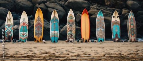 collection of colorful patterned surfboards standing on the beach sand with a background of beach waves and blue sky