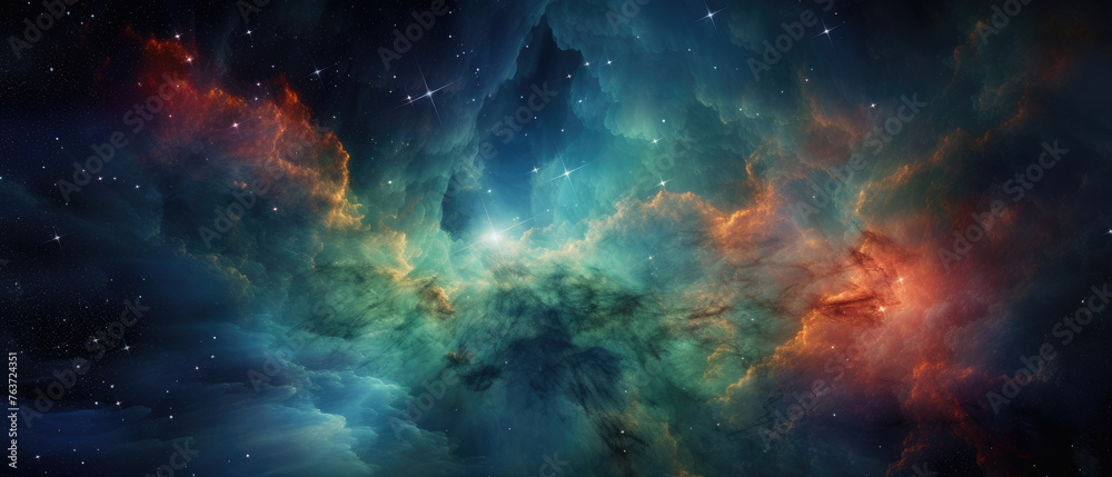Obraz premium Wide Vast and luminous galactic astronomy space nebula in the sky colorful and bright of green blue and orange reflects emotions