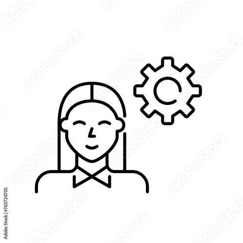 Smiling woman in formal attire and cogwheel. Personal efficiency and professional development. Pixel perfect icon