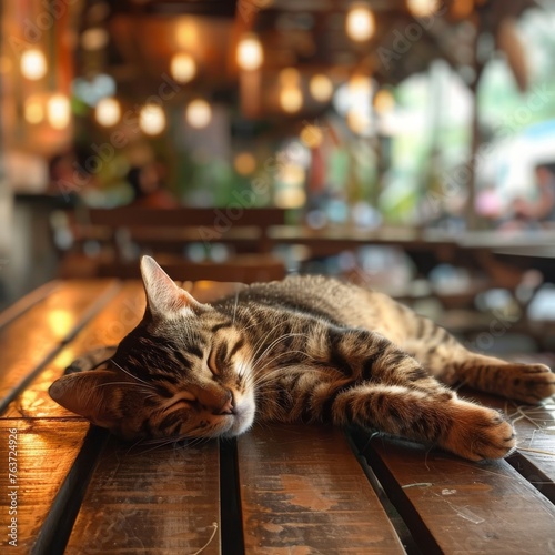 On a rustic wooden bench, a serene tabby cat takes a nap, with soft-focus bokeh lighting creating a serene atmosphere.